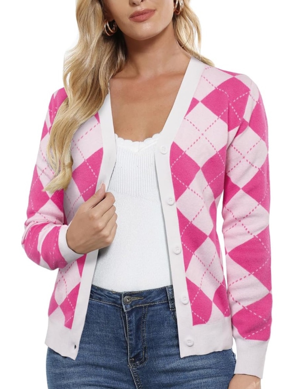 Grace Karin Argyle Button-Front Pink Women's Cardigan Sweater Trendy Size Small
